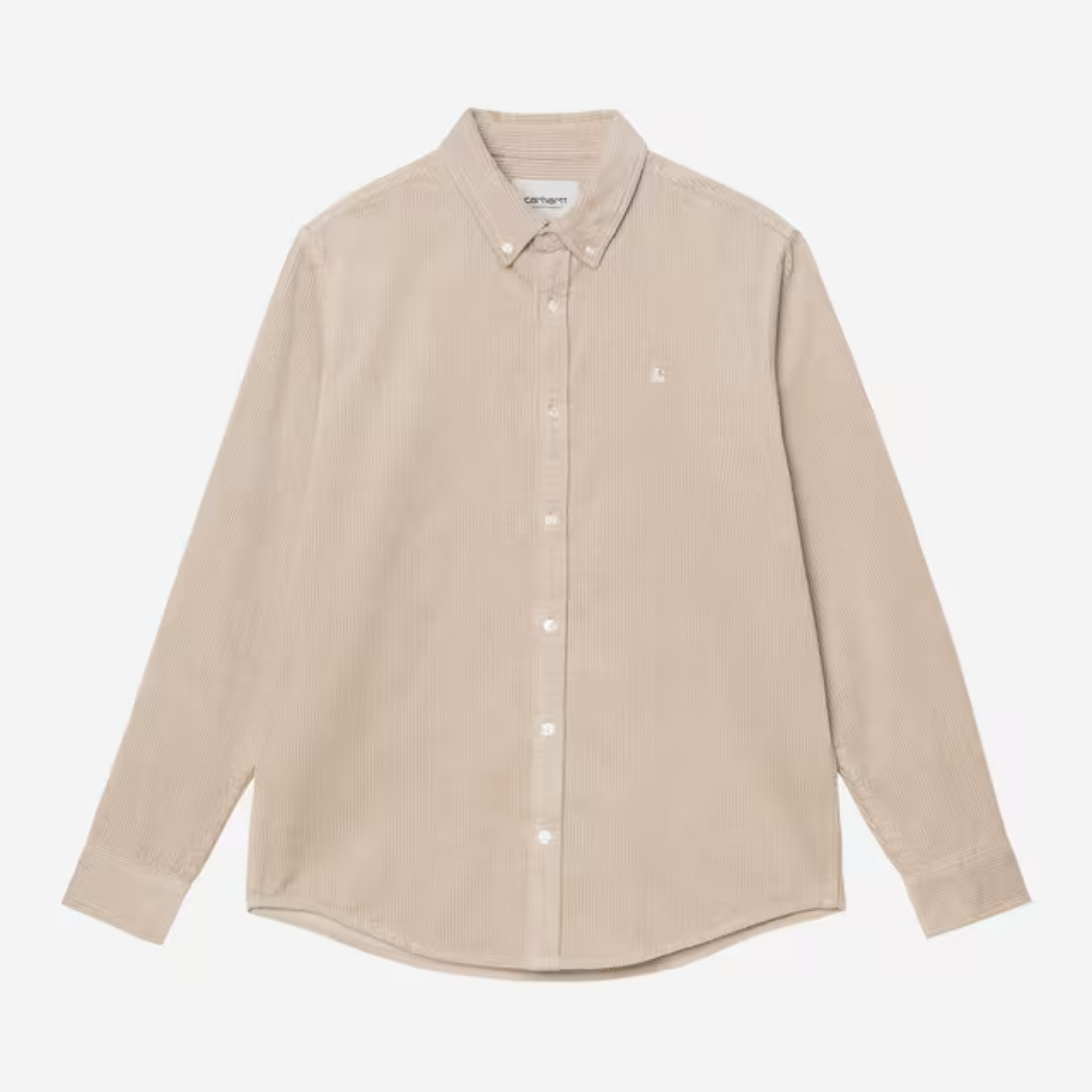 Chemise Carhartt WIP Madison en velours côtelé beige sable, vue de face à plat, C brodé ton sur ton