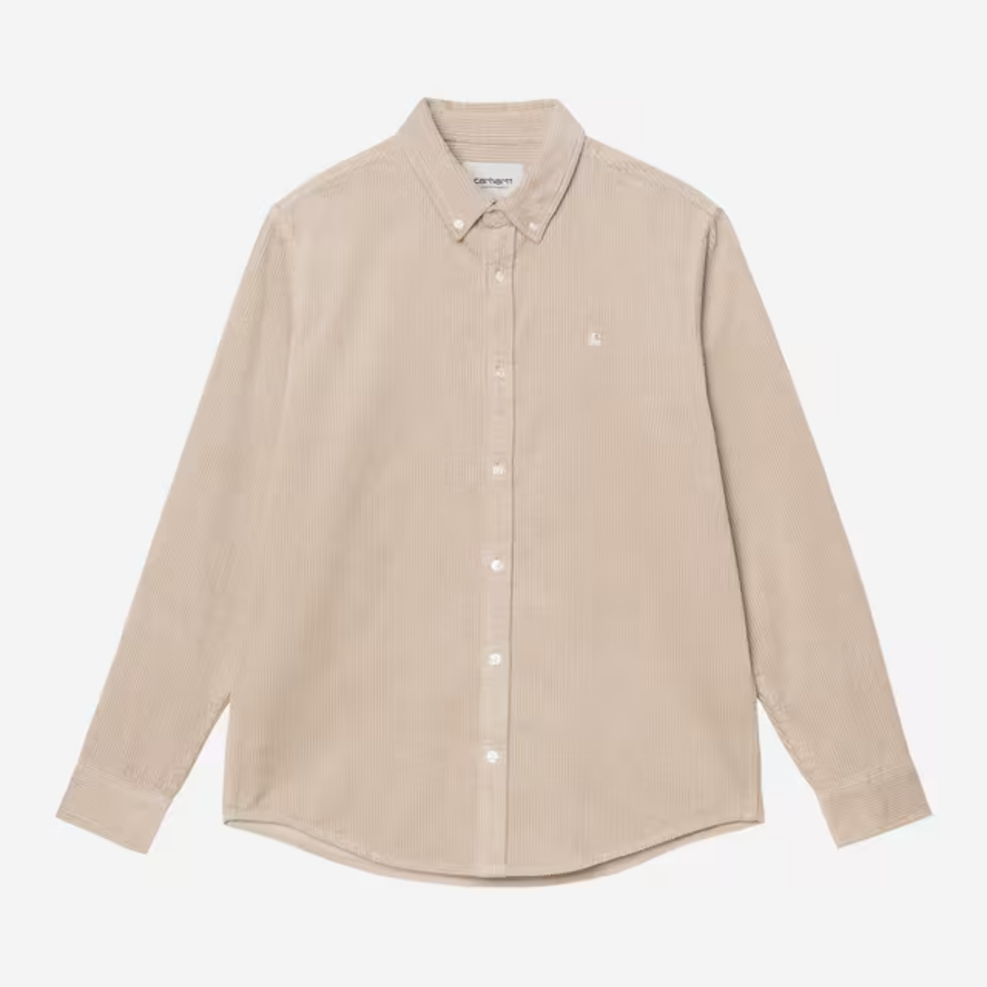 Chemise Carhartt WIP Madison en velours côtelé beige sable, vue de face à plat, C brodé ton sur ton