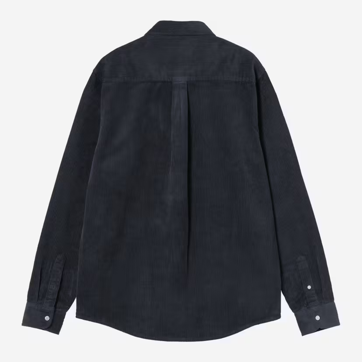 Chemise Madison Carhartt WIP en velours côtelé bleu marine, vue de dos à plat : empiècement d'épaule et pli d'aisance central