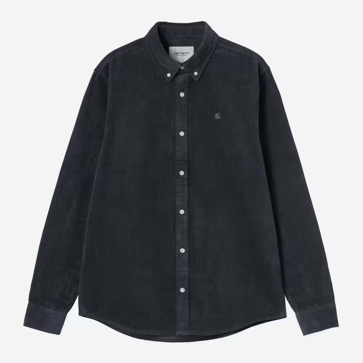 Chemise Madison Carhartt WIP en velours côtelé bleu marine Dark Navy, vue de face à plat, col boutonné et logo C ton sur ton