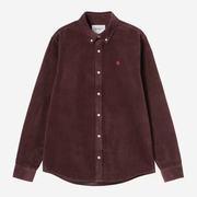 Chemise Madison Carhartt WIP en velours côtelé bordeaux Amarone, vue de face à plat, col boutonné et logo C brodé rose