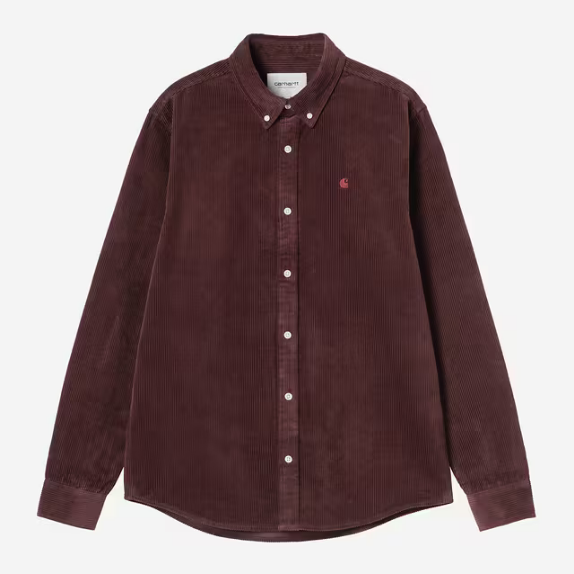 Chemise Madison Carhartt WIP en velours côtelé bordeaux Amarone, vue de face à plat, col boutonné et logo C brodé rose