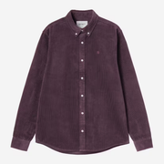 Chemise Madison Carhartt WIP en velours côtelé Cozy Purple, vue de face à plat, col boutonné et logo C ton sur ton