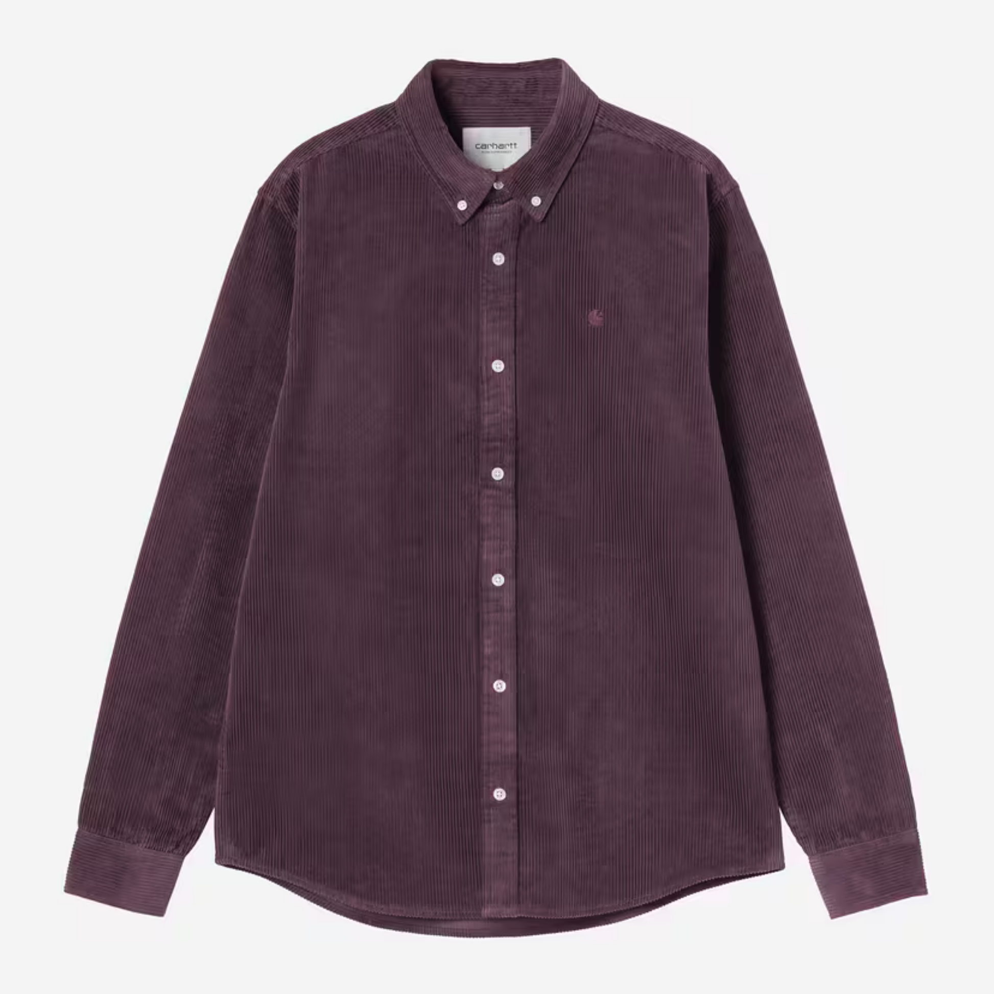 Chemise Madison Carhartt WIP en velours côtelé Cozy Purple, vue de face à plat, col boutonné et logo C ton sur ton