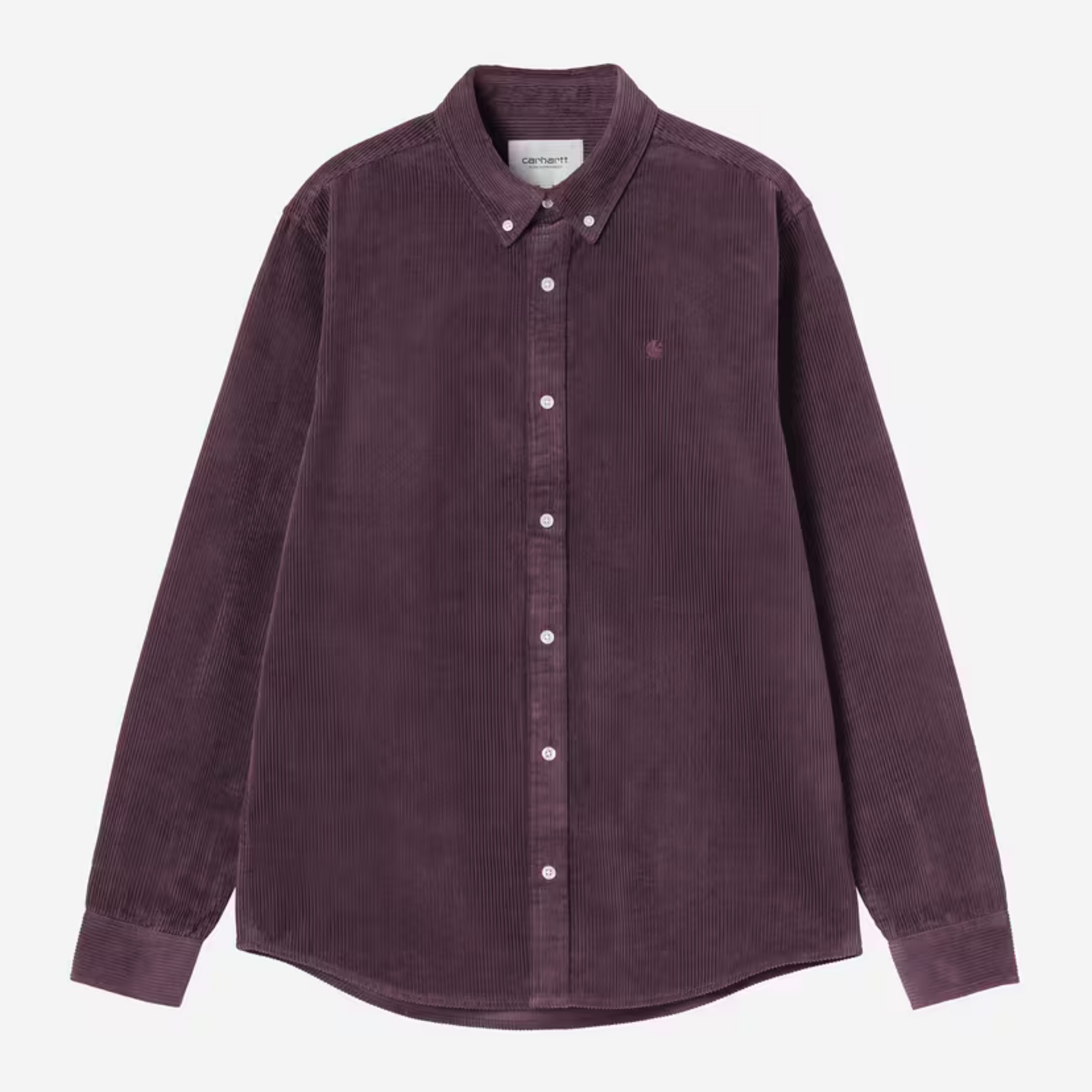 Chemise Madison Carhartt WIP en velours côtelé Cozy Purple, vue de face à plat, col boutonné et logo C ton sur ton