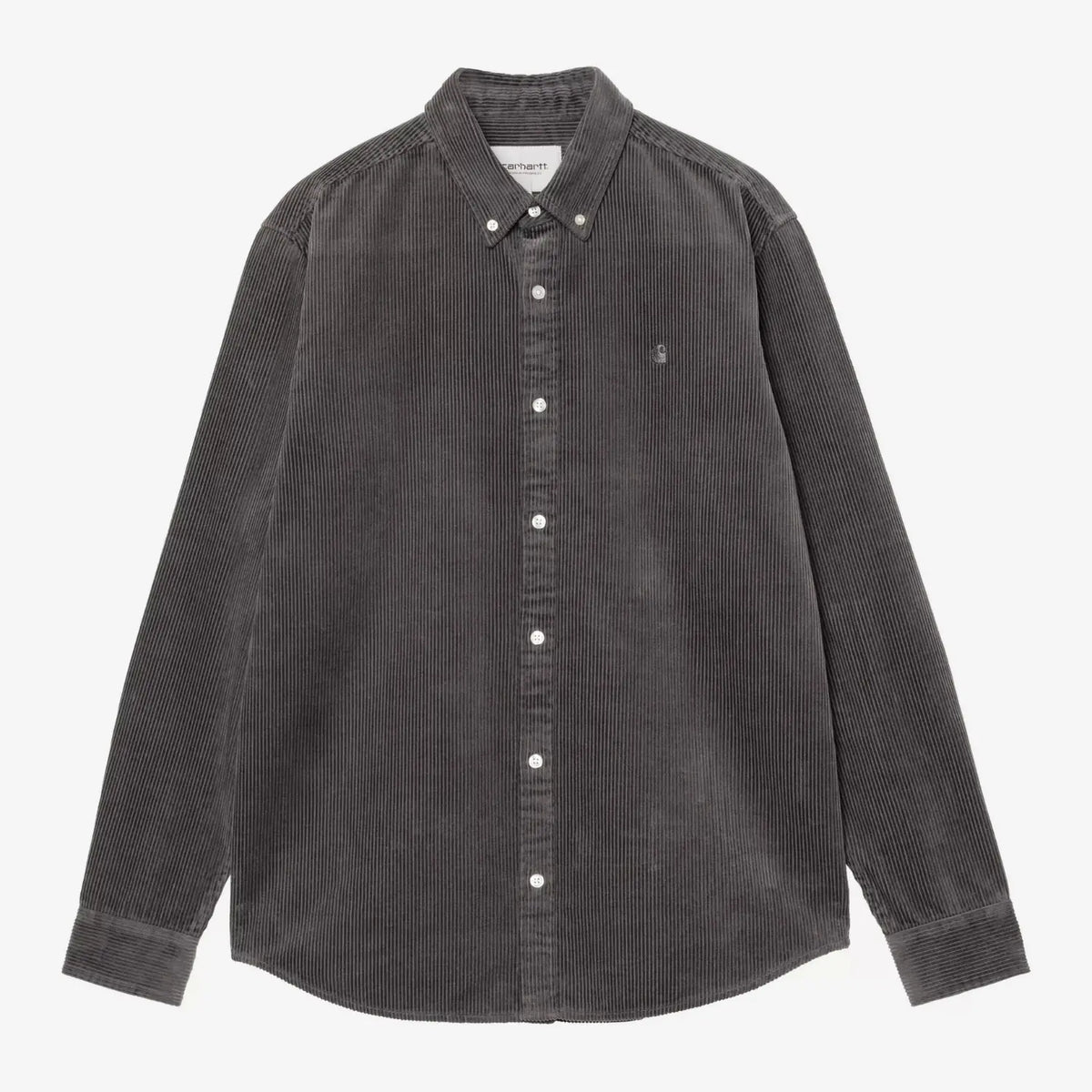 Chemise Madison Graphite en velours côtelé, à plat de face : col boutonné, C brodé ton sur ton, boutons blancs