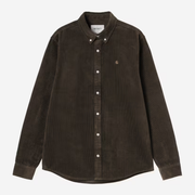 Chemise Carhartt WIP Madison en velours côtelé marron foncé, vue de face à plat, C brodé doré sur la poitrine