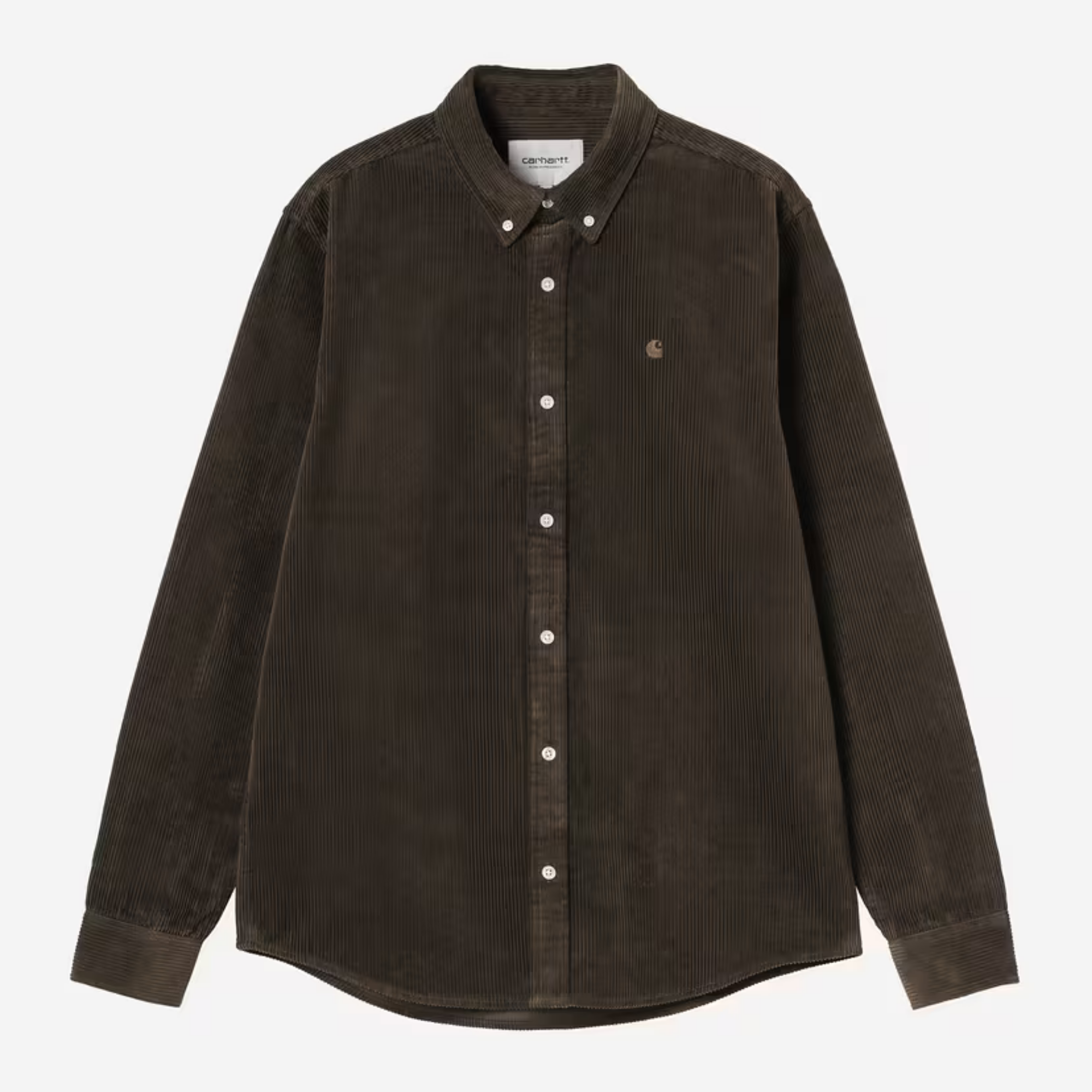 Chemise Carhartt WIP Madison en velours côtelé marron foncé, vue de face à plat, C brodé doré sur la poitrine