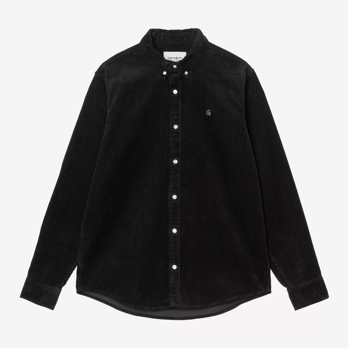 Chemise Madison Velours Soot Carhartt WIP - packshot face, col boutonné et patte de boutonnage