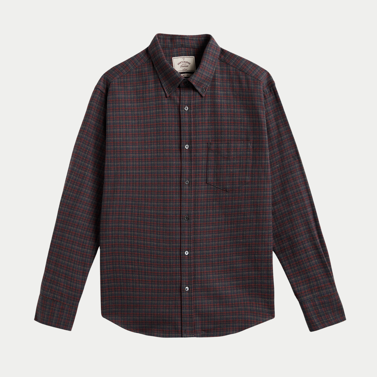 Chemise Plura Portuguese Flannel à plat, flanelle à carreaux bleu marine et brique, col boutonné et poche poitrine
