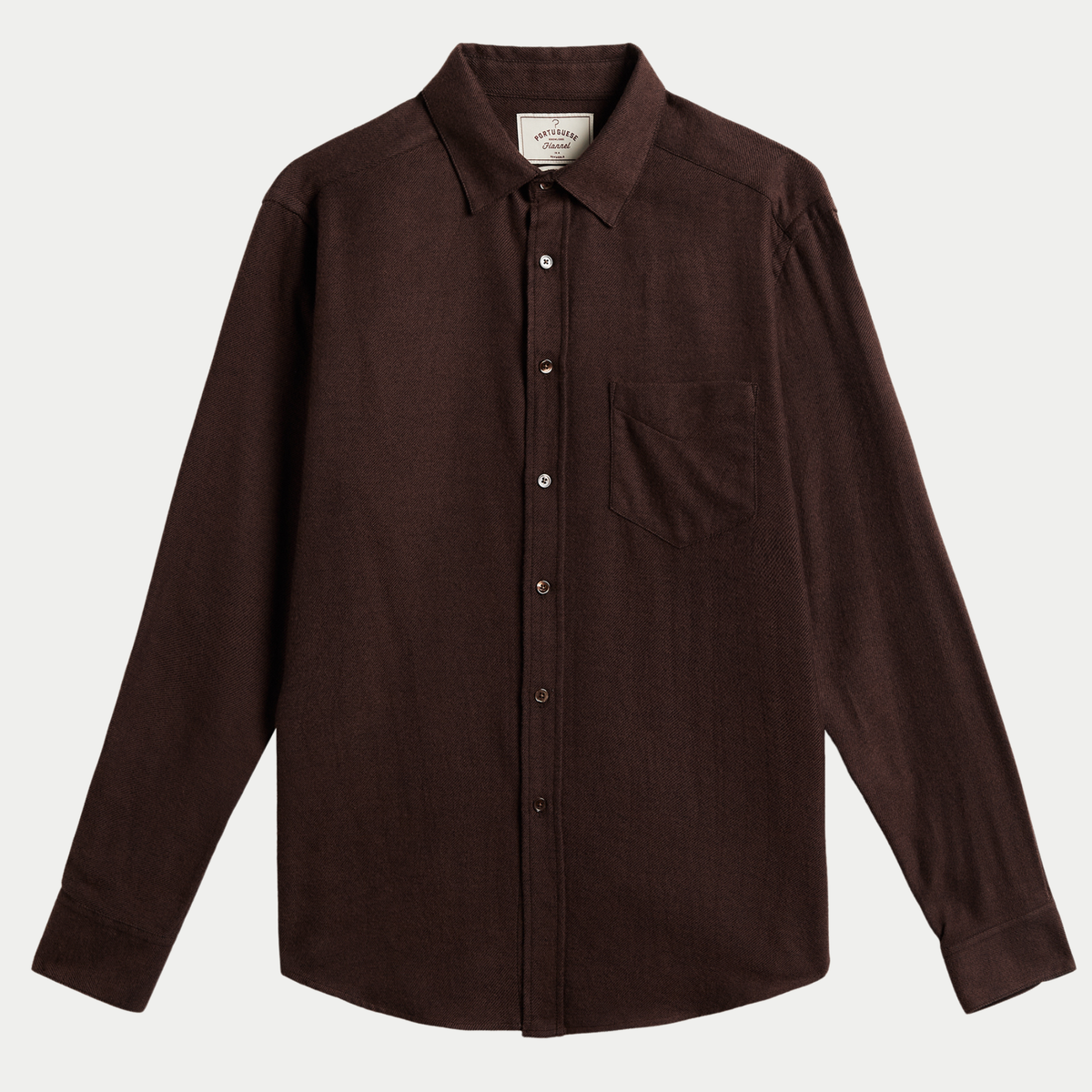 Chemise Teca en flanelle sergé brun chocolat, vue de face à plat