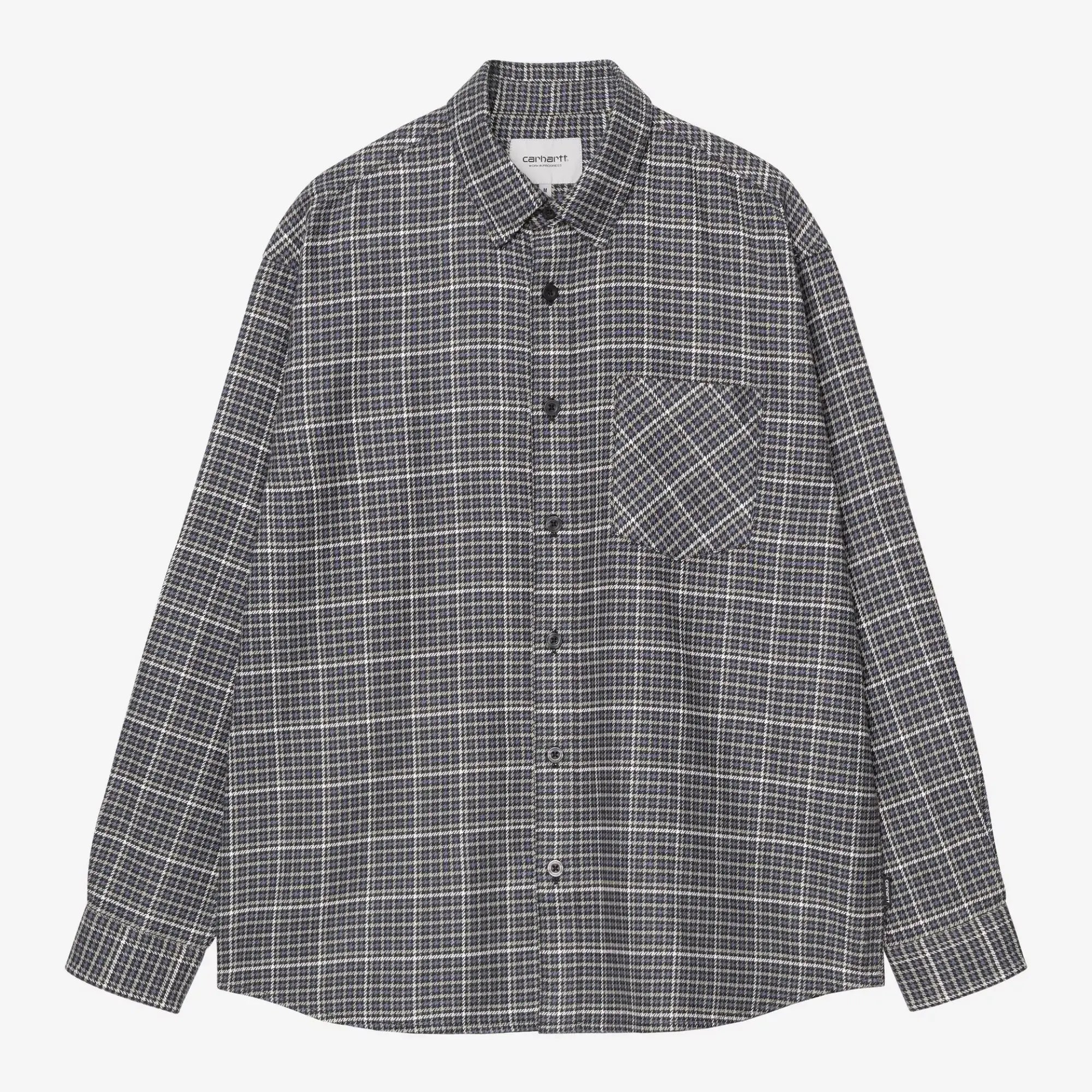 Chemise Carhartt WIP Todrick à carreaux pied-de-poule bleu-gris, vue de face à plat avec poche poitrine