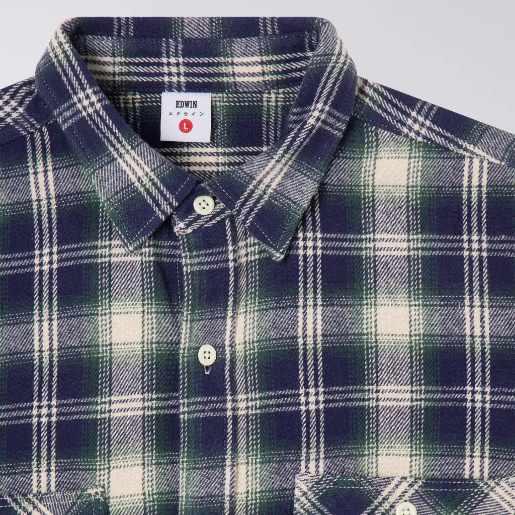 Col boutonné de la chemise Works en flanelle, étiquette de marque et carreaux Bleu Marine et vert