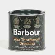 Pot de cire Barbour Wax Thornproof Dressing, étiquette vert sombre aux armoiries, centenaire 1921-2021