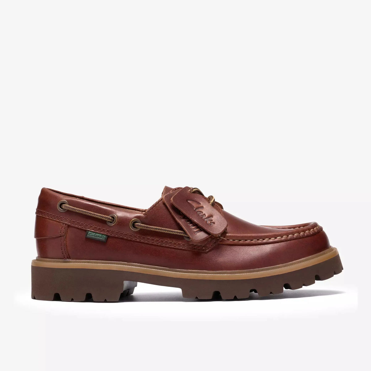 Cleyhill Boat en cuir marron acajou, profil extérieur sur semelle crantée brune