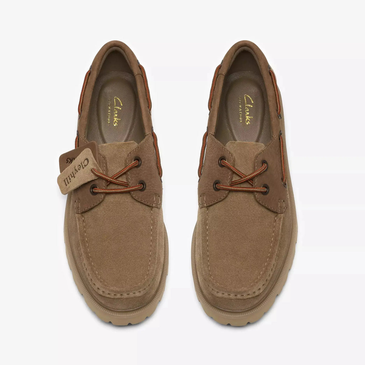 Cleyhill Boat Sable Foncé vues de dessus, lacets orange et premières de propreté