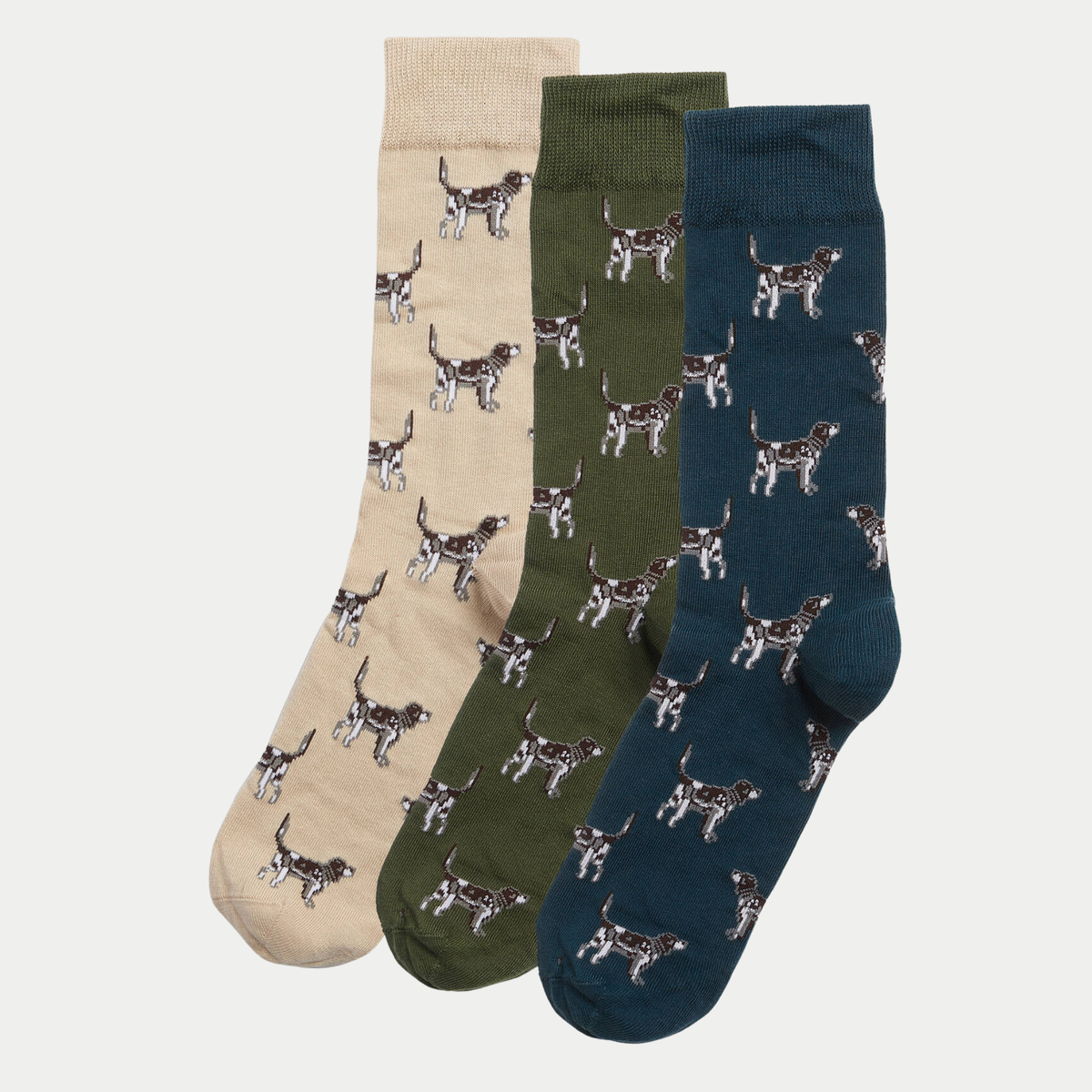 Les trois paires de chaussettes Barbour à motif chien pointer : beige sable, vert olive et bleu foncé