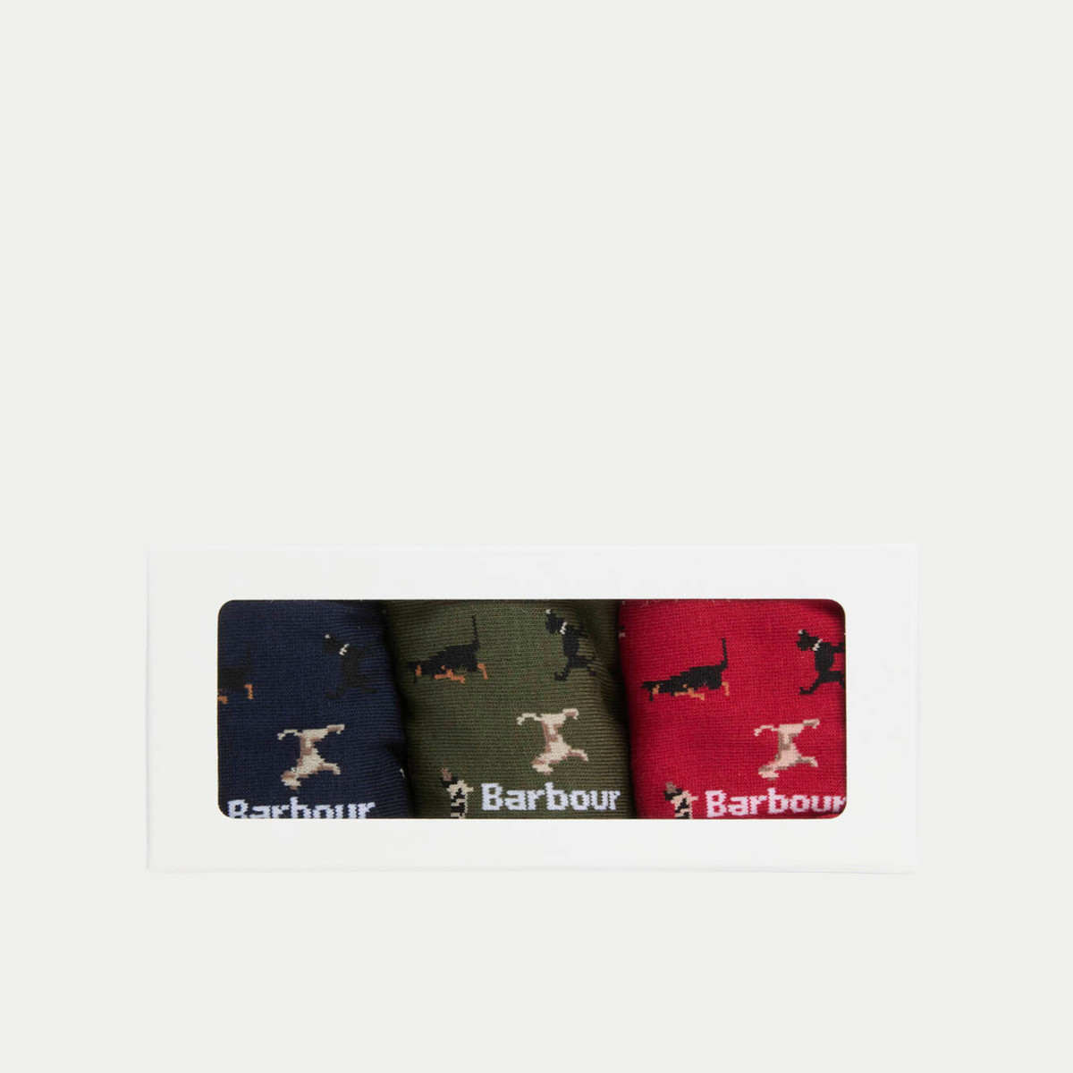 Boîte cadeau Barbour des trois paires de chaussettes chiens marine, olive et rouge