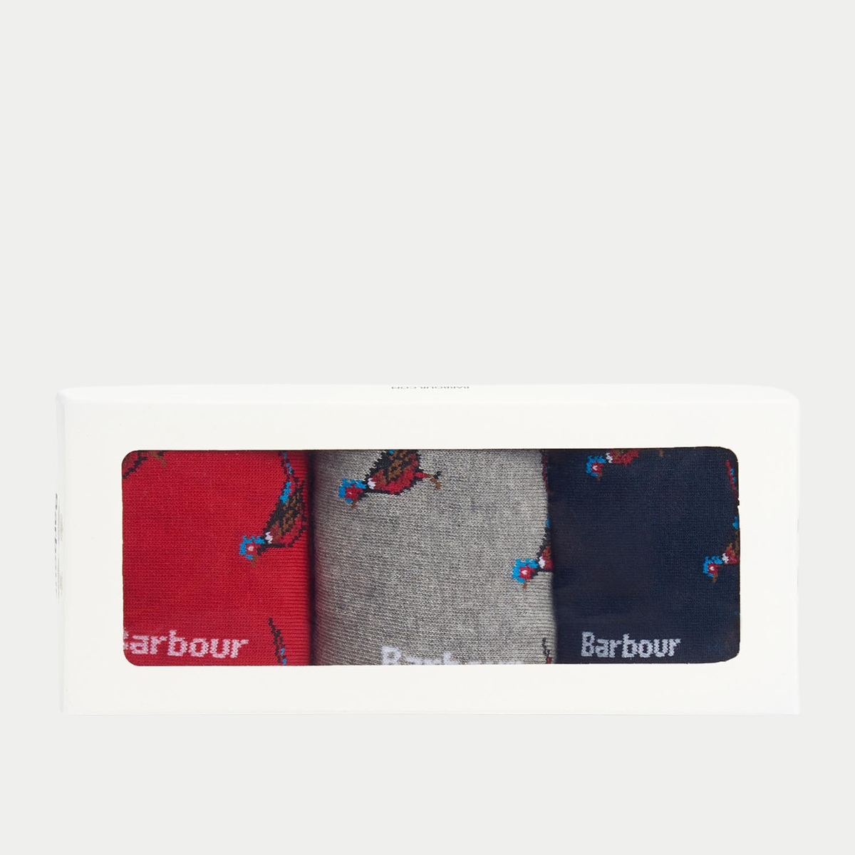 Boîte cadeau Barbour des trois paires de chaussettes faisan rouge, marine et gris