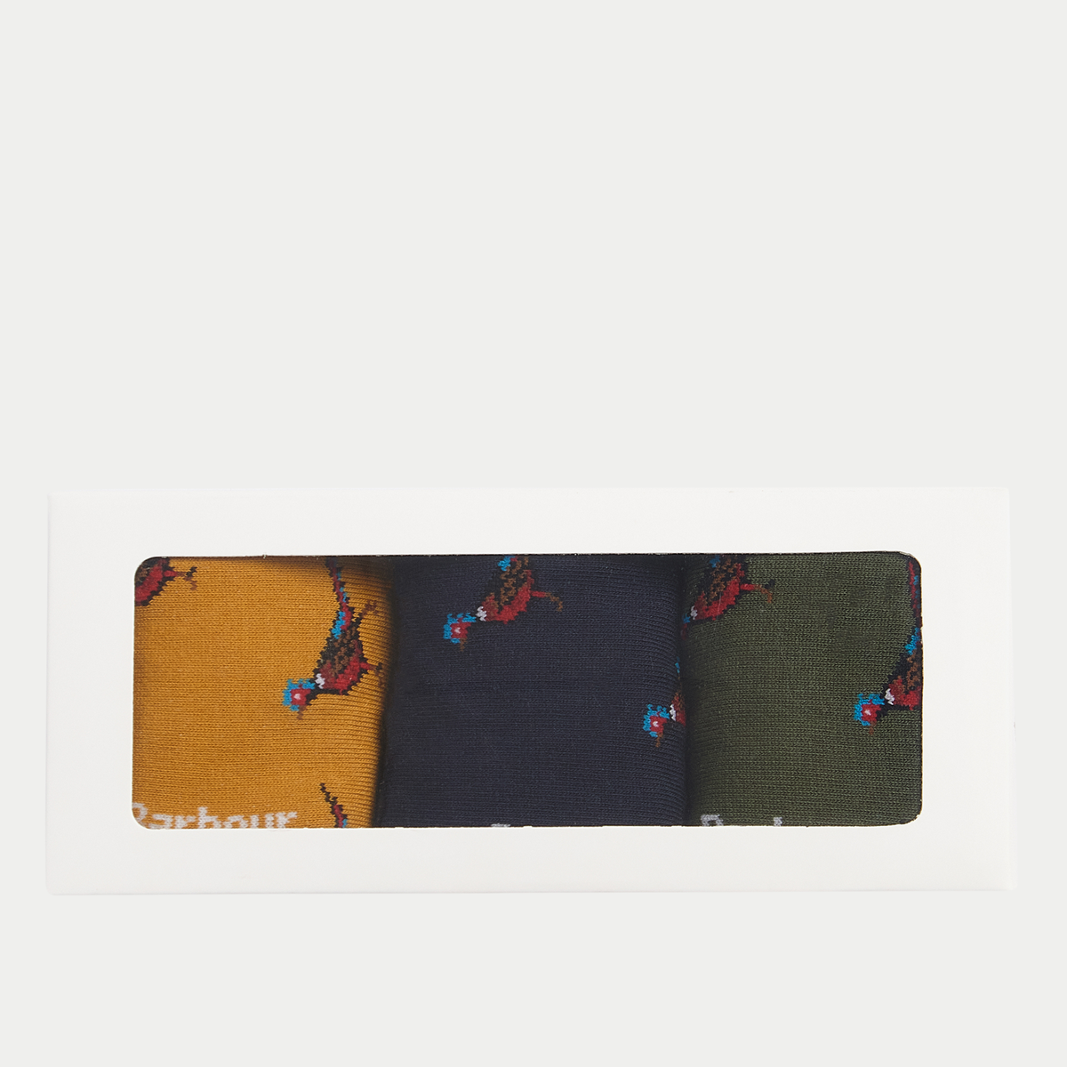 Boîte cadeau Barbour des trois paires de chaussettes faisan vert olive, marine et moutarde