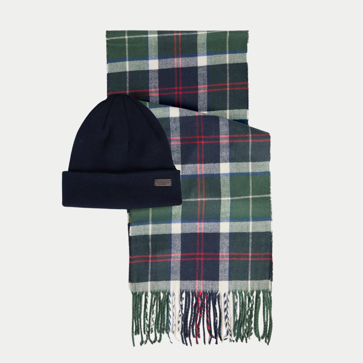Coffret Barbour bonnet Swinton marine et écharpe Galingale en tartan Evergreen vert et écru