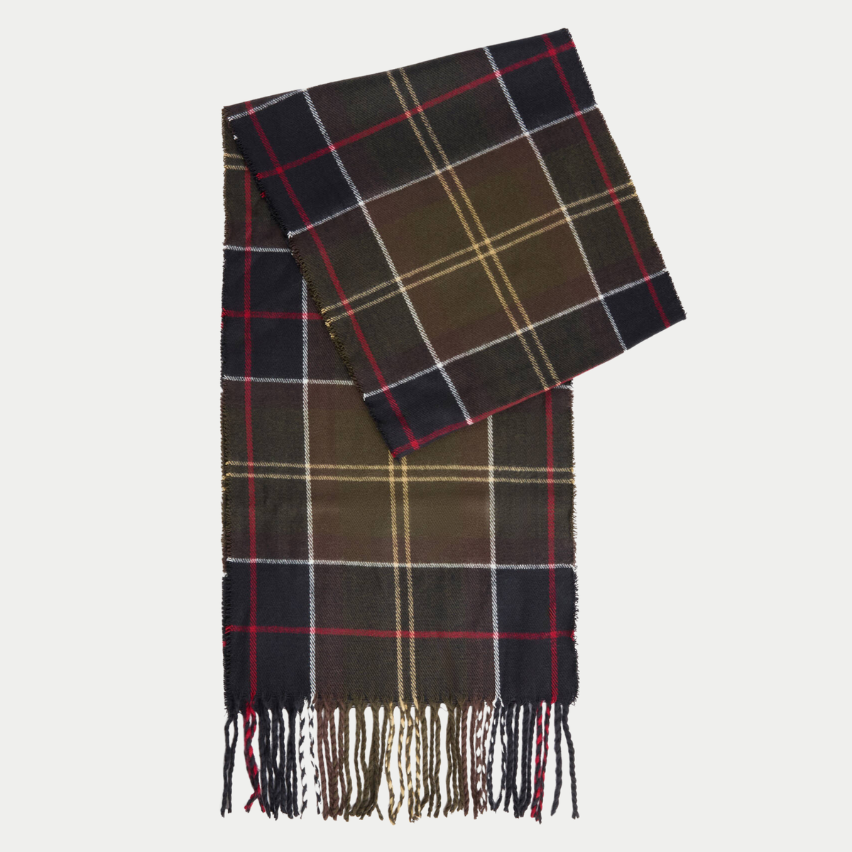 Écharpe Barbour Galingale en Classic Tartan olive pliée, franges nouées