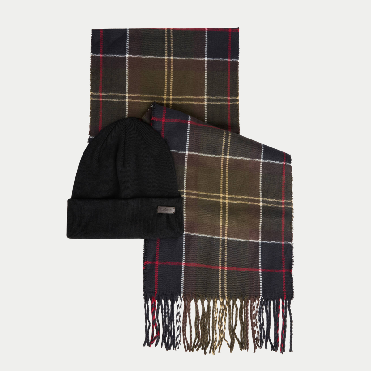 Coffret Barbour bonnet Swinton noir et écharpe Galingale en Classic Tartan olive