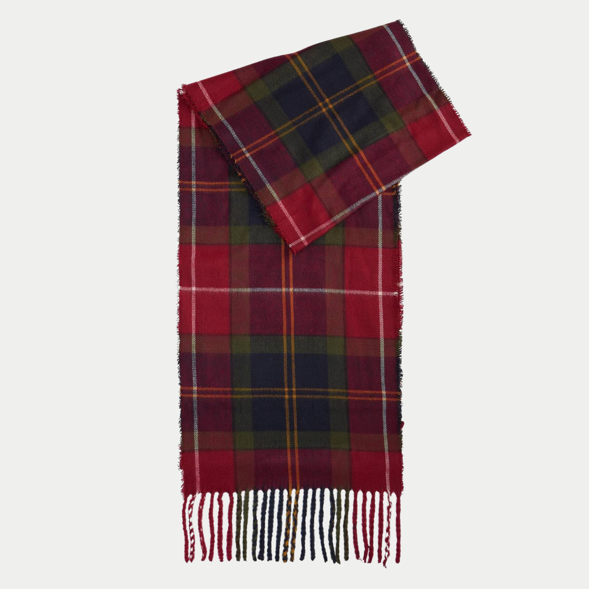 Écharpe Barbour Galingale en tartan Winterberry rouge pliée, franges nouées