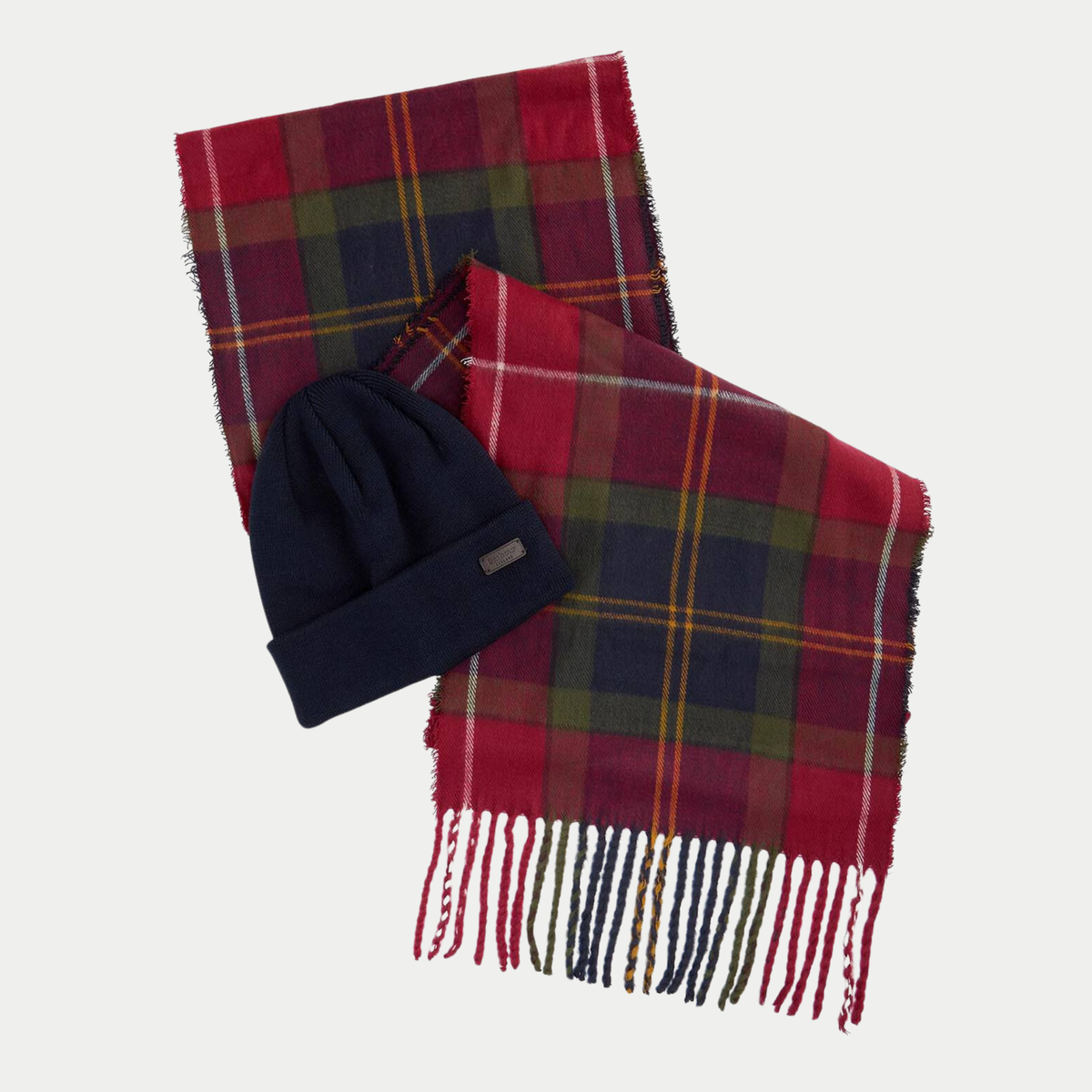 Coffret Barbour bonnet Swinton marine et écharpe Galingale en tartan Winterberry rouge