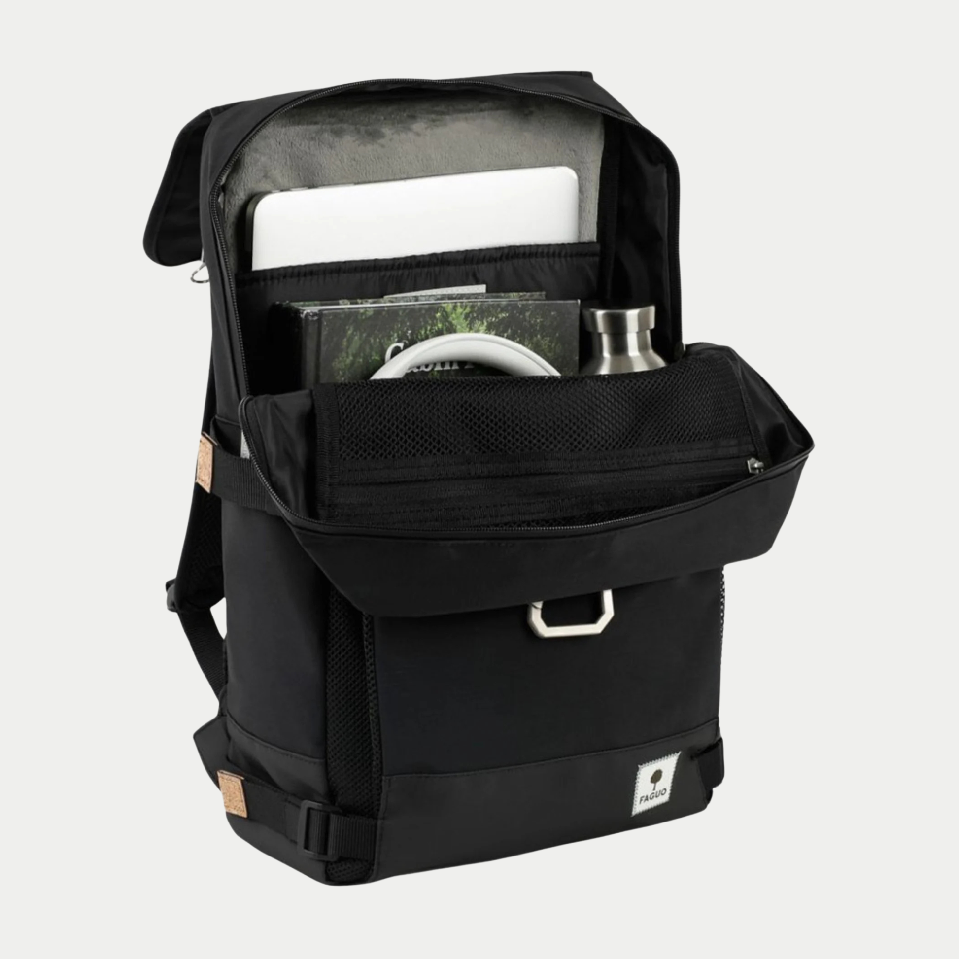 Sac à dos Faguo Commuter 2.0 noir ouvert : ordinateur dans son compartiment molletonné, livre, casque audio et gourde