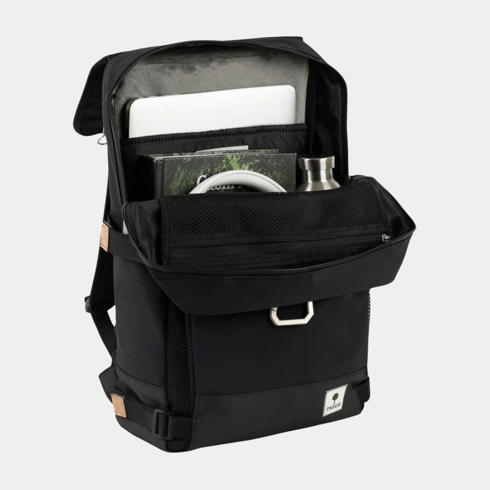 Sac à dos Faguo Commuter 2.0 noir ouvert : ordinateur dans son compartiment molletonné, livre, casque audio et gourde