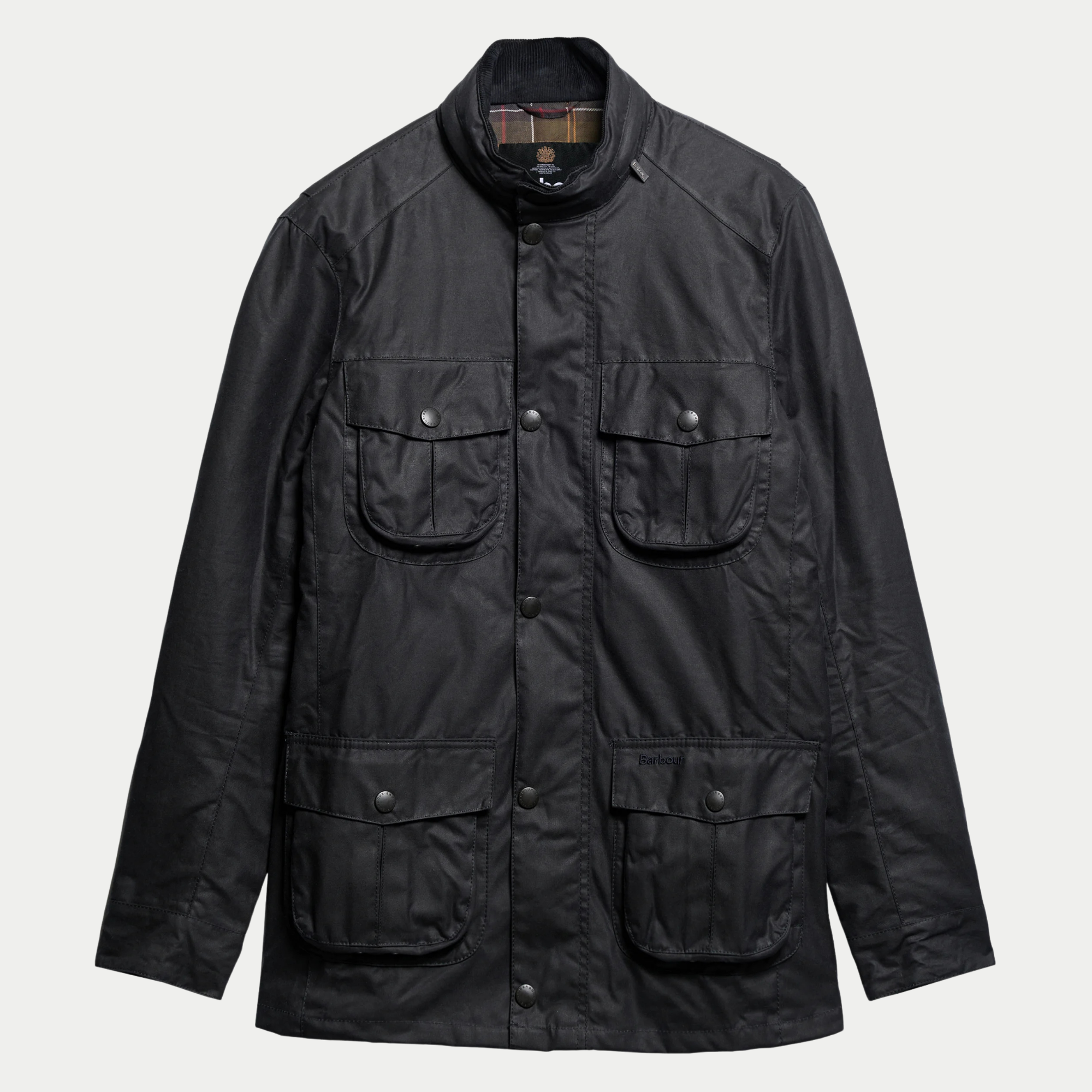 Veste cirée Corbridge marine Barbour à plat, col montant relevé et quatre poches à rabat sur le devant