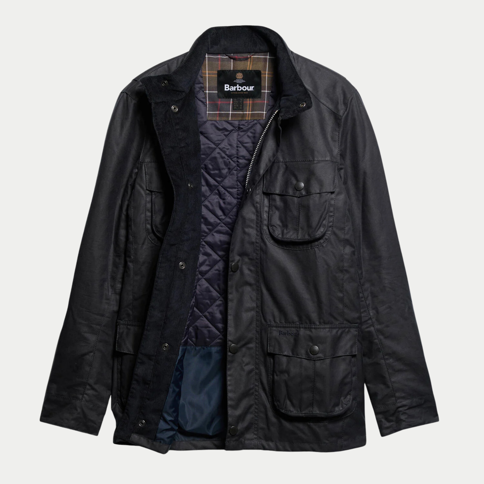 Veste Corbridge marine Barbour ouverte : doublure nylon matelassée marine, sous-col velours côtelé, étiquette tartan