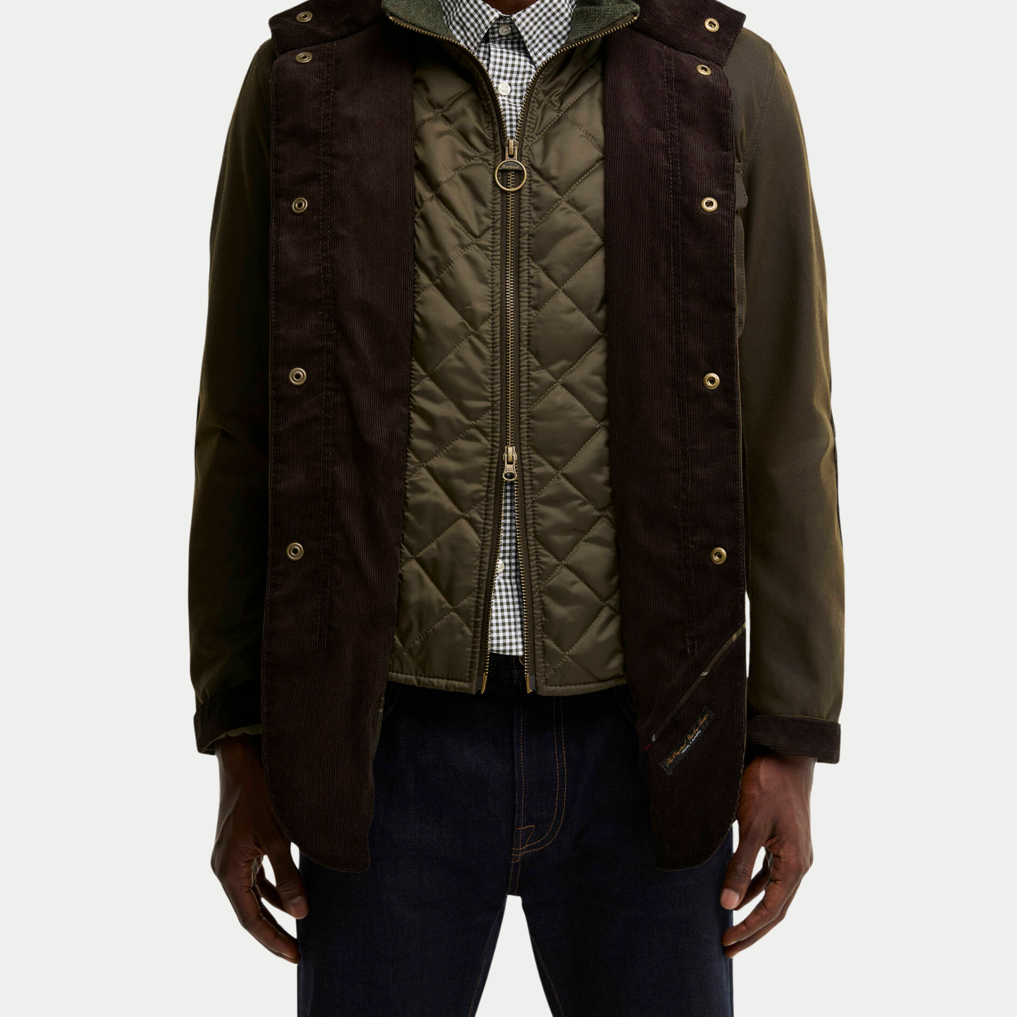 Veste Ogston olive Barbour grande ouverte, gilet matelassé zippé et parements en velours côtelé marron