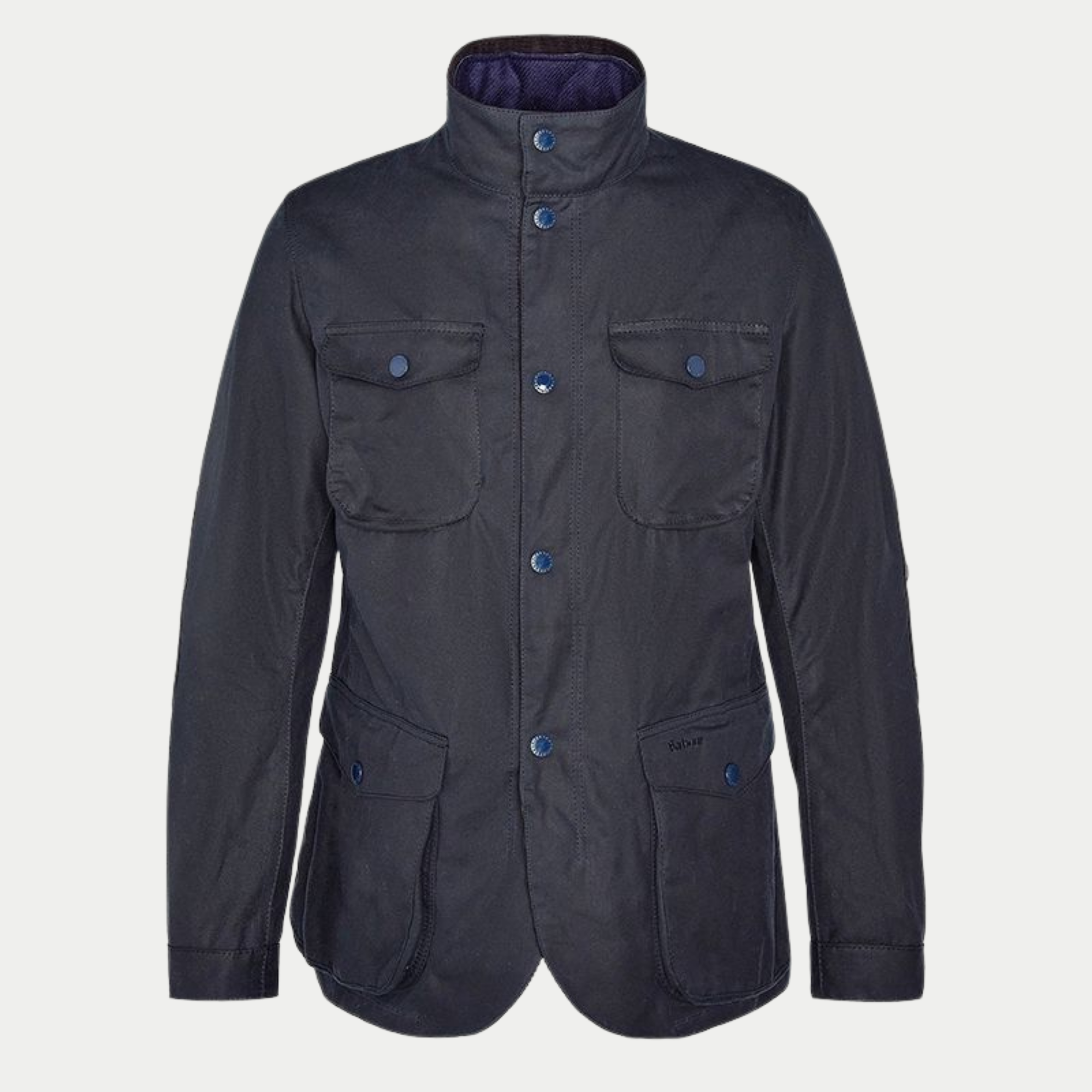 Veste cirée Ogston Barbour marine de face : quatre poches à rabat et col montant à pressions