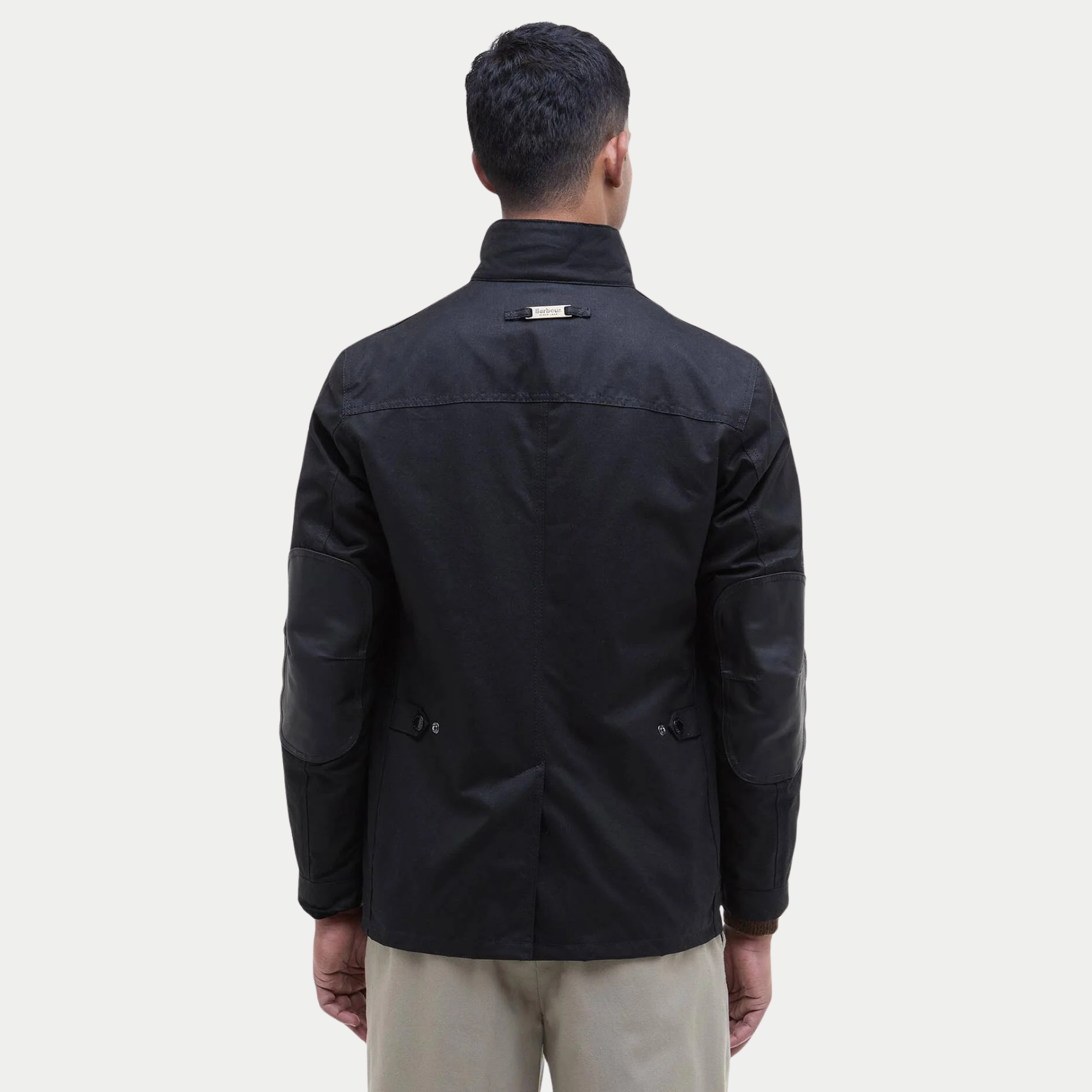 Veste cirée Ogston Barbour marine vue de dos : empiècements de cuir aux coudes et empiècement d’épaule
