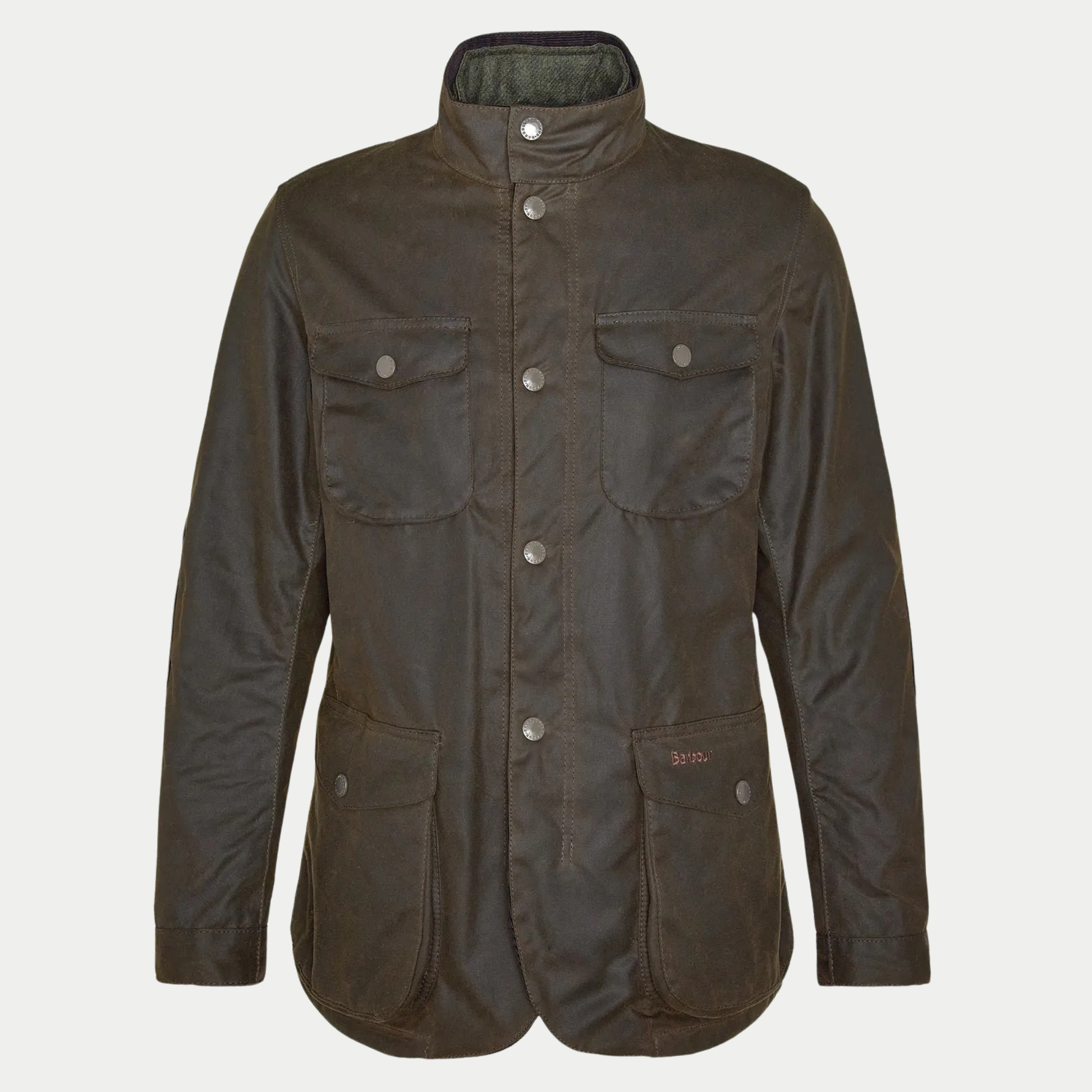 Veste Ogston olive Barbour à plat de face, quatre poches à rabat et col montant en toile cirée mate