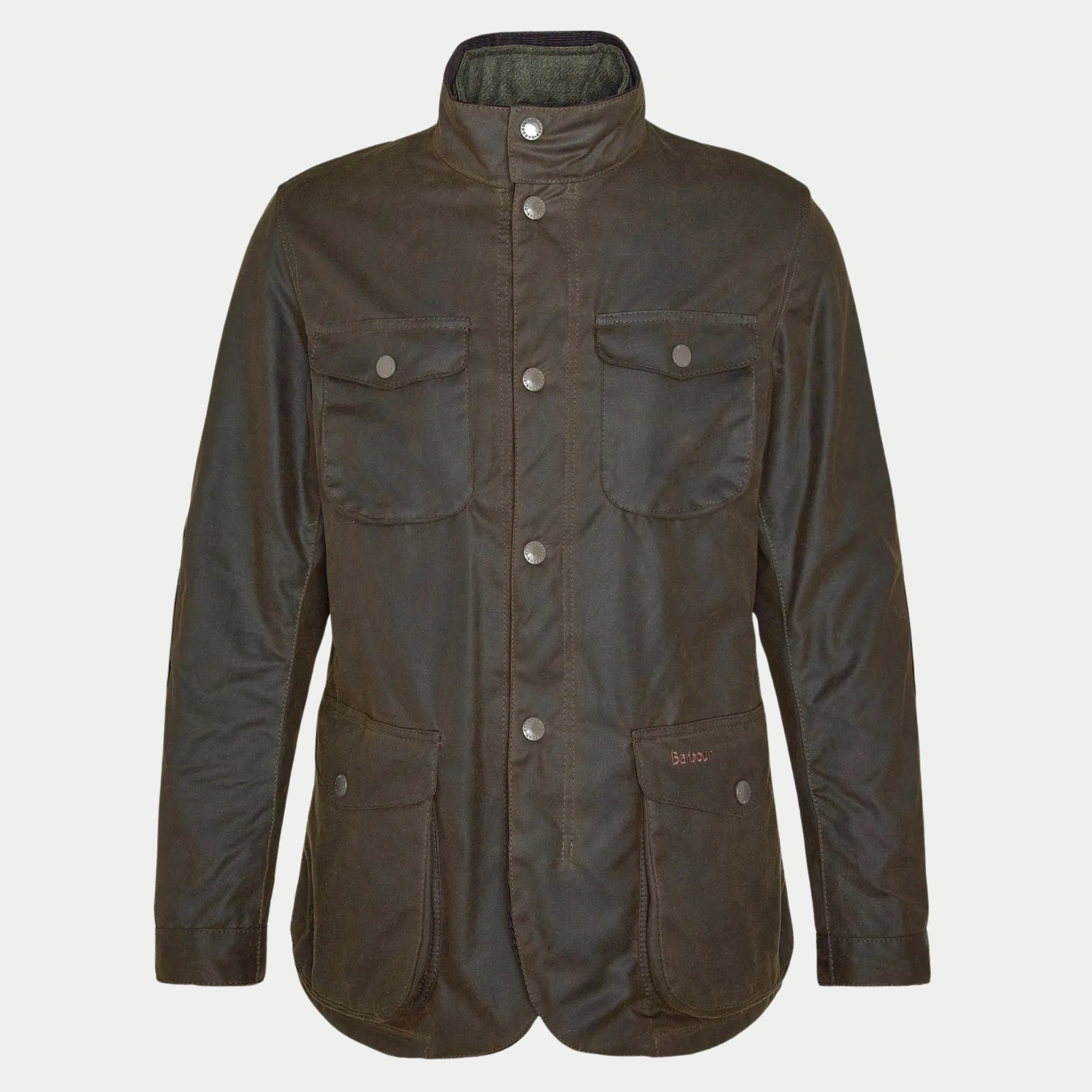 Veste Ogston olive Barbour à plat de face, quatre poches à rabat et col montant en toile cirée mate