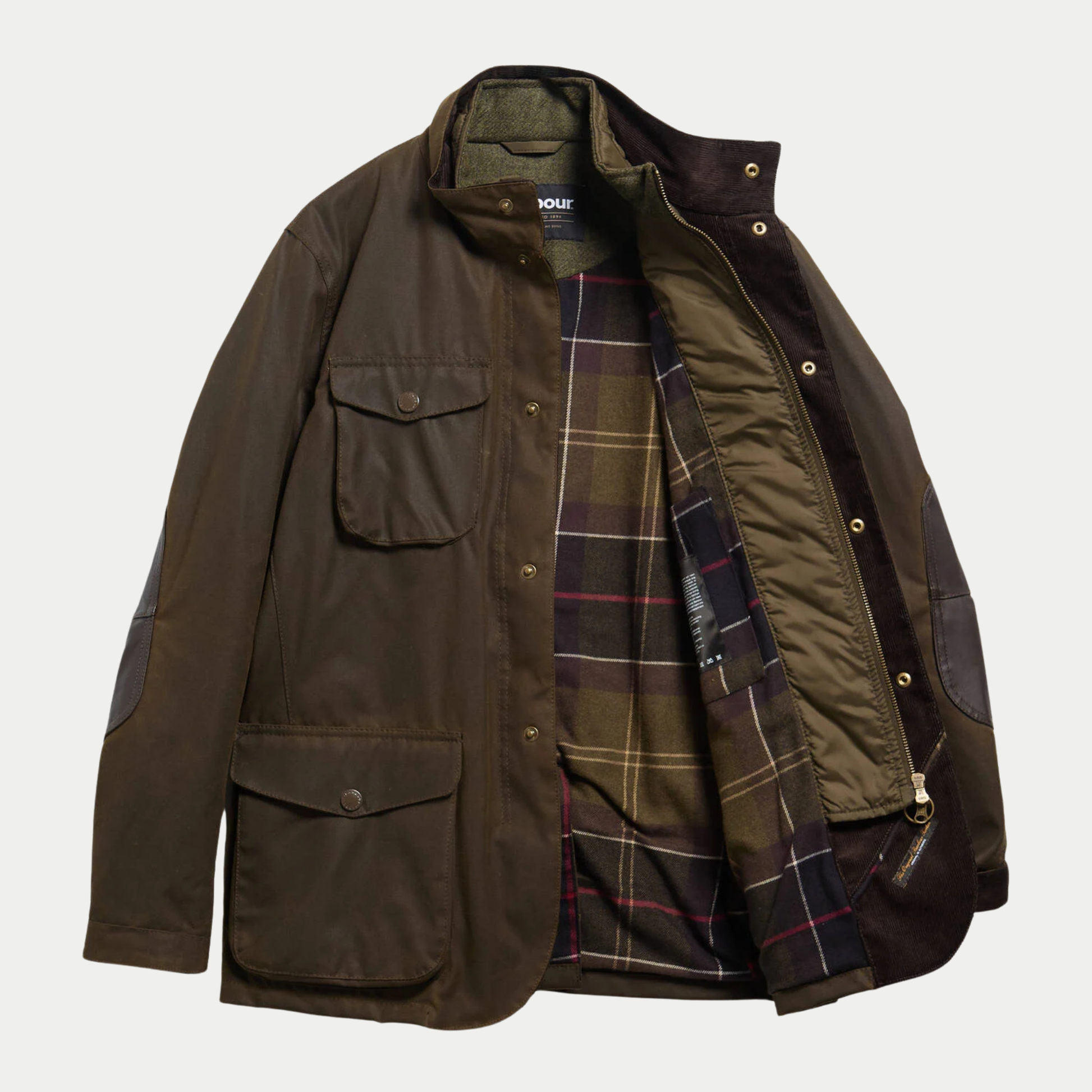 Veste Ogston olive Barbour ouverte à plat : doublure tartan et gilet matelassé olive à zip laiton