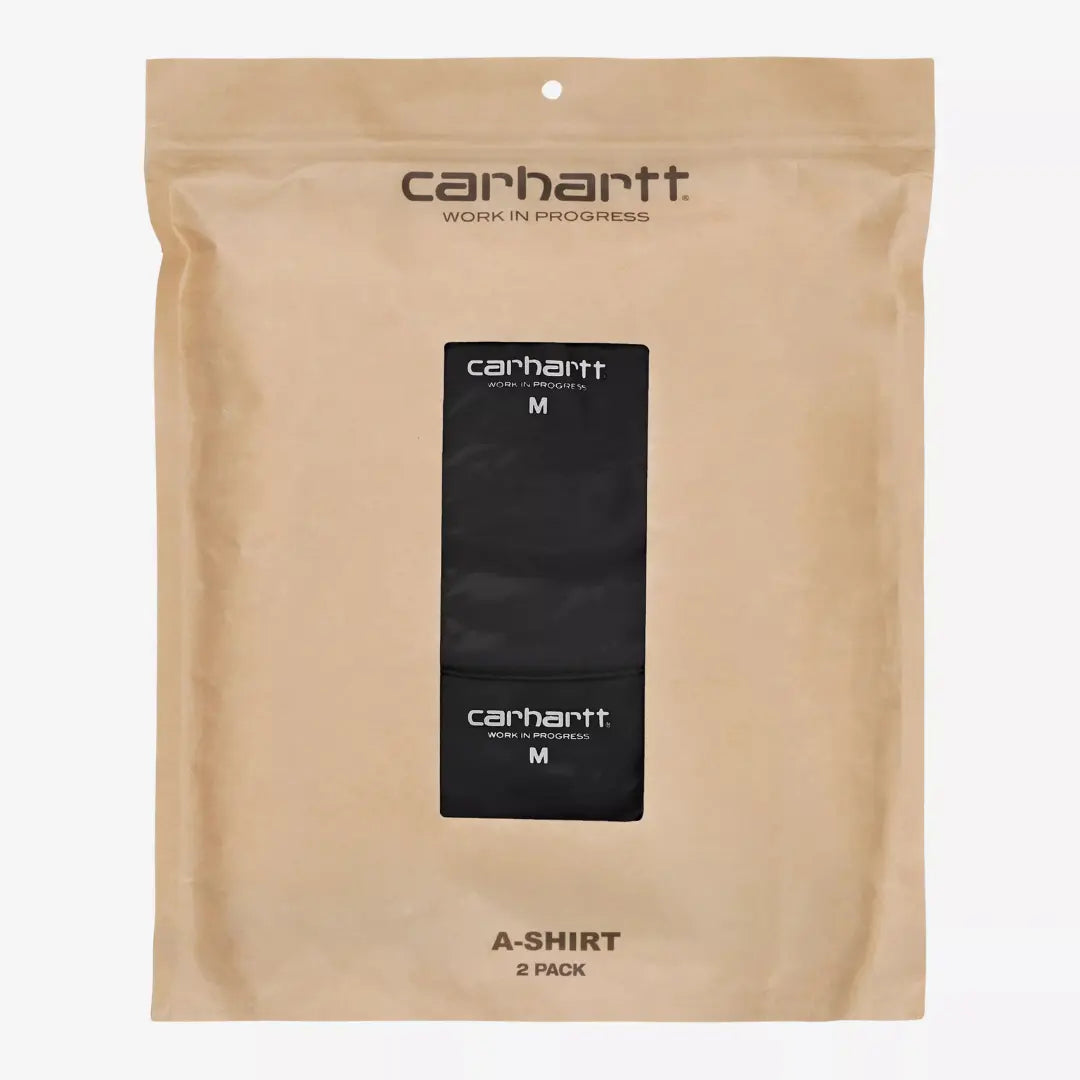Sachet kraft A-Shirt 2 Pack, les deux débardeurs noirs visibles pliés derrière la fenêtre transparente