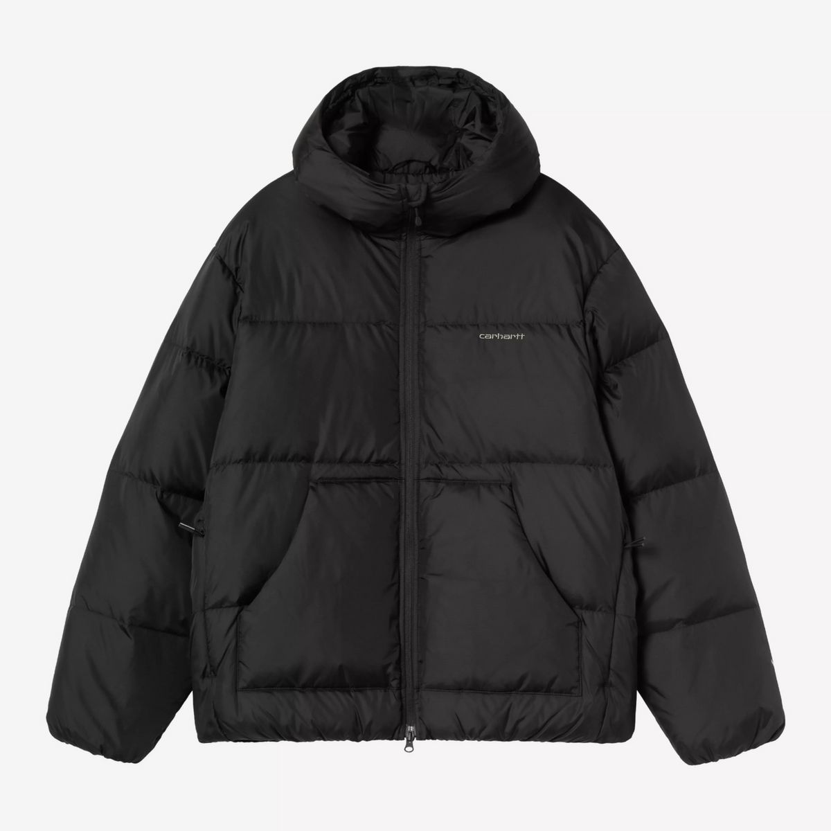 Doudoune Carhartt WIP Ardon noire à capuche, vue de face, logo Script brodé gris sur la poitrine
