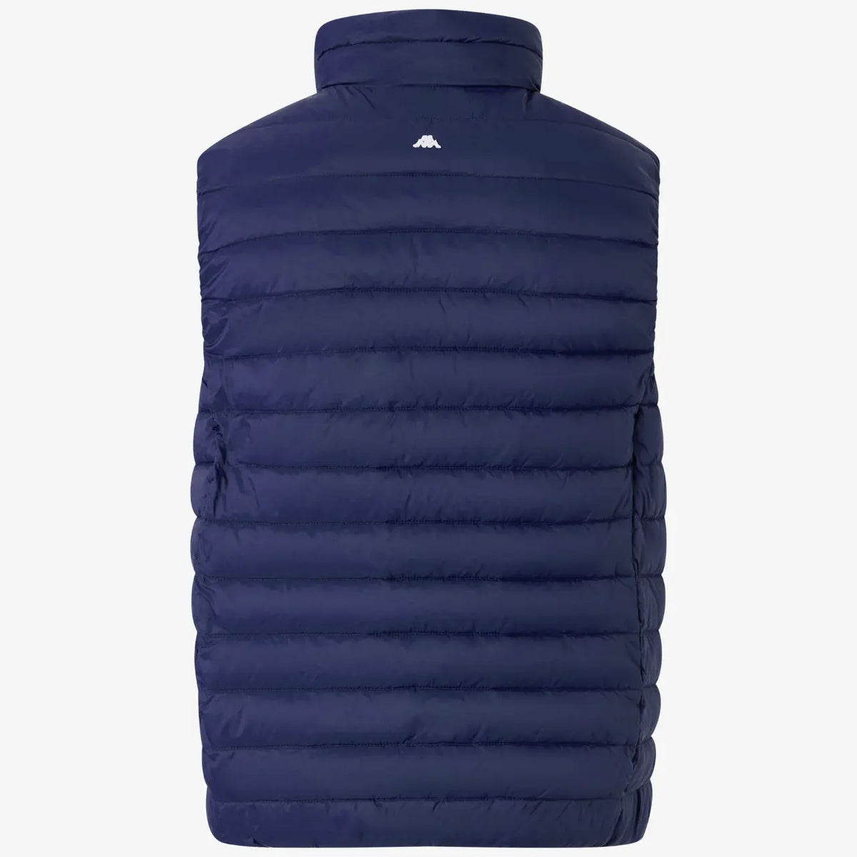 Dos de la doudoune sans manches Bleu Marine, matelassage horizontal uni et petit logo blanc sous le col