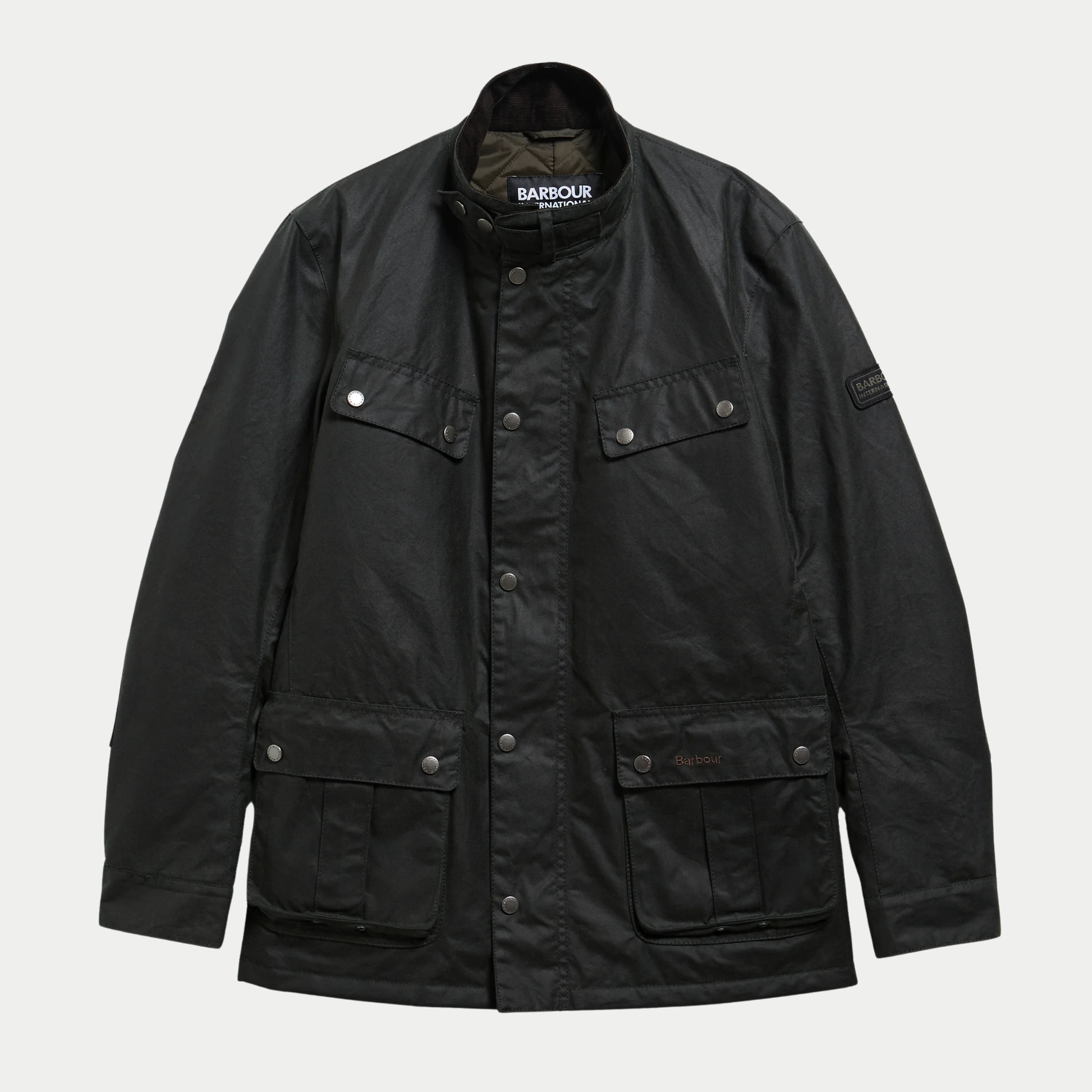 Veste cirée Duke Sage Barbour International à plat, face fermée, col velours relevé et quatre poches à rabat
