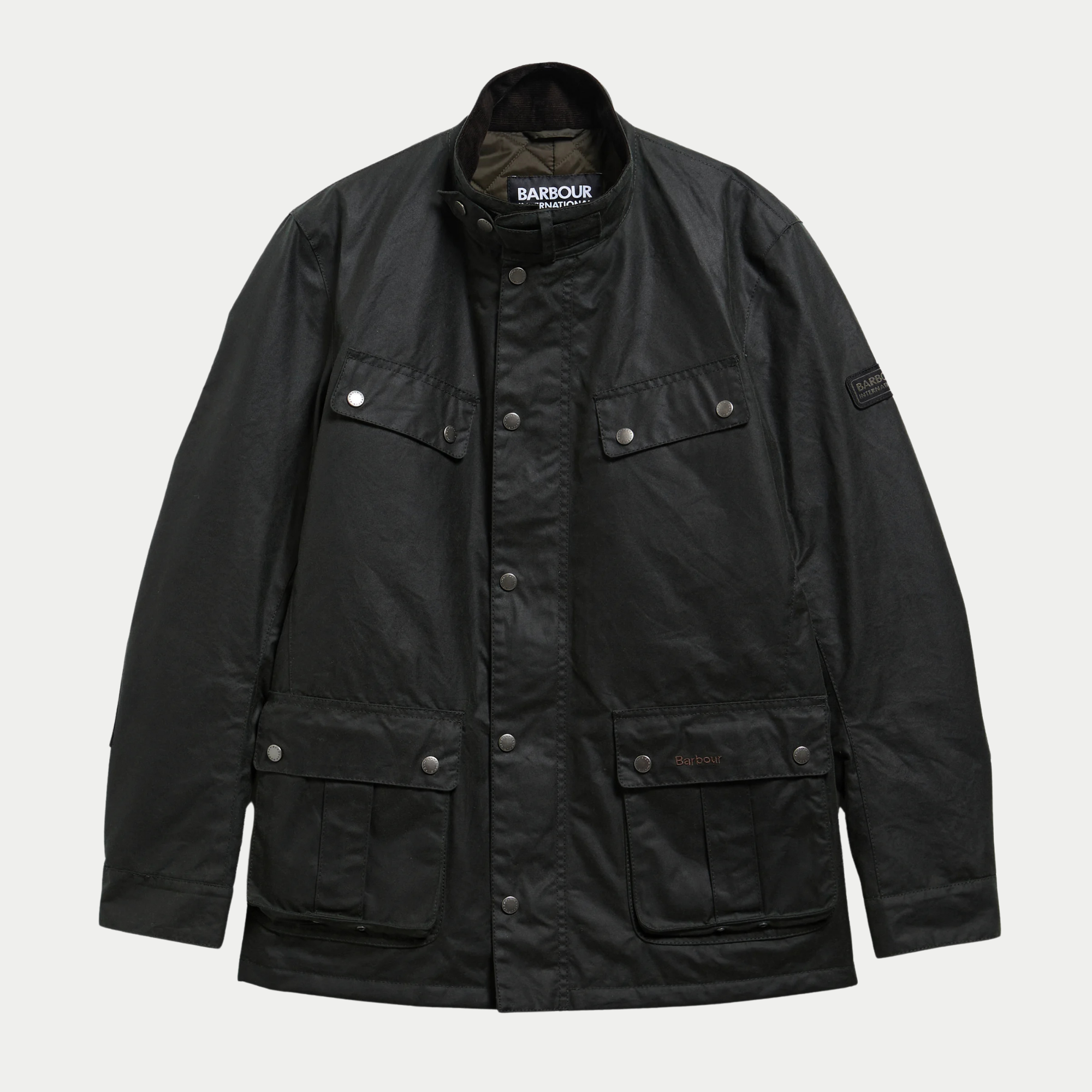 Veste cirée Duke Sage Barbour International à plat, face fermée, col velours relevé et quatre poches à rabat