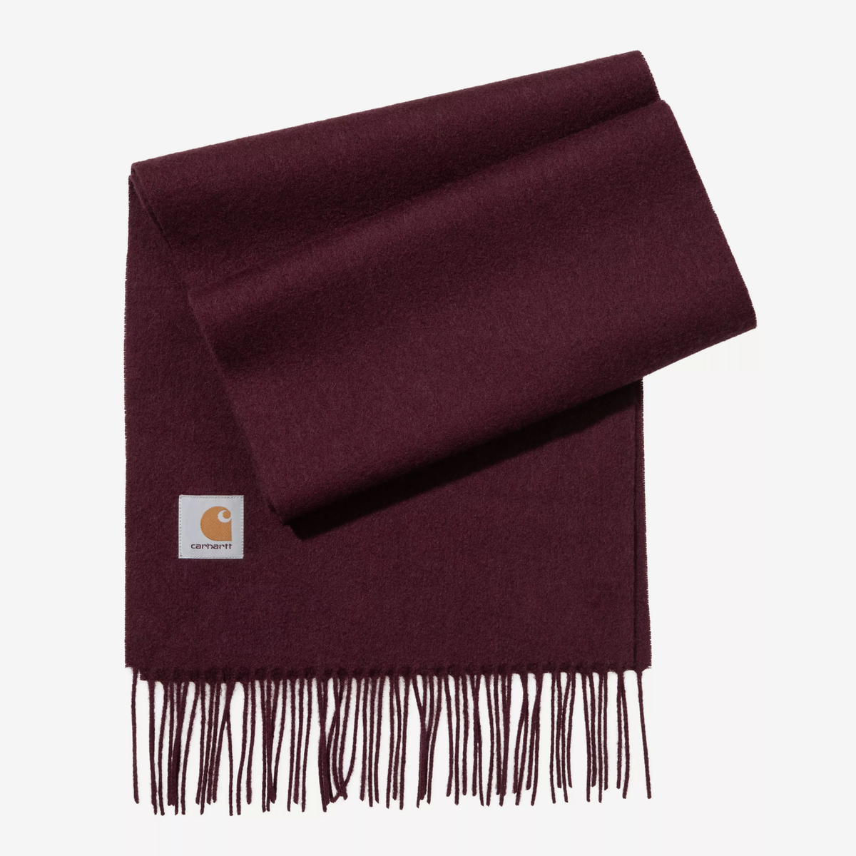 Écharpe Carhartt WIP Clan Amarone bordeaux lie-de-vin en laine, pliée en long : franges et étiquette logo carrée