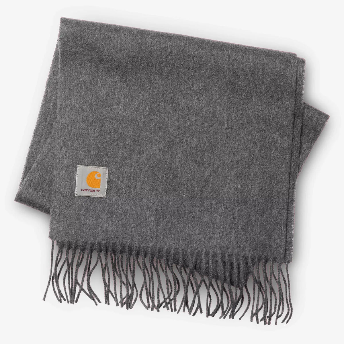 Écharpe Carhartt WIP Clan Dark Grey Heather gris chiné, pliée à plat : laine brossée, franges torsadées et étiquette logo