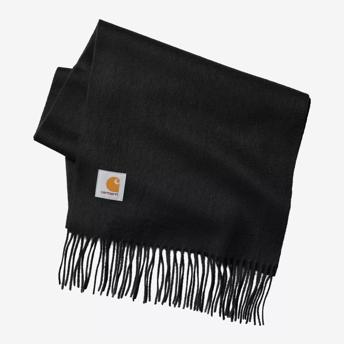 Écharpe Carhartt WIP Clan noire en laine, pliée à plat : franges torsadées et étiquette logo carrée tissée