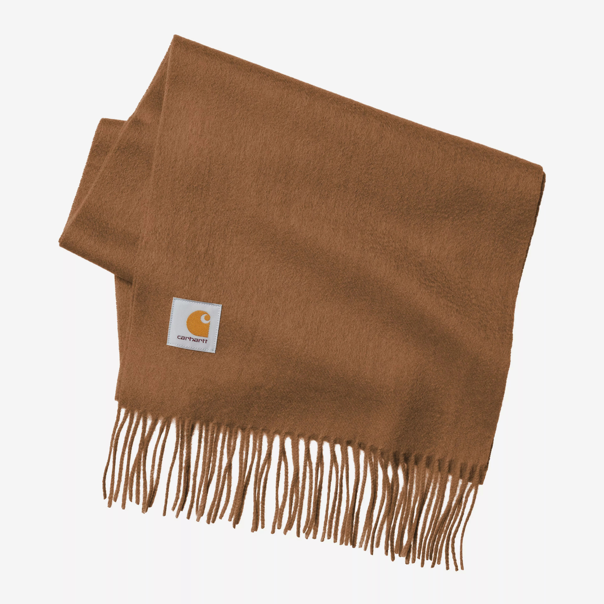Écharpe Carhartt WIP Clan coloris WIP H Brown, marron caramel, pliée à plat : laine brossée, franges et étiquette logo