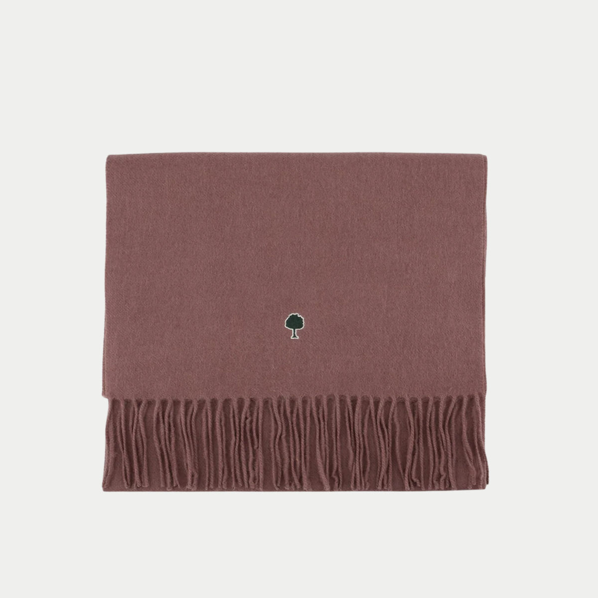 Écharpe en laine et cachemire vieux rose pliée à plat, longues franges et arbre brodé vert