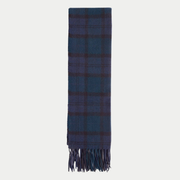 Écharpe Barbour en laine d'agneau, tartan Black Watch bleu marine et vert sapin, pliée en long avec ses franges